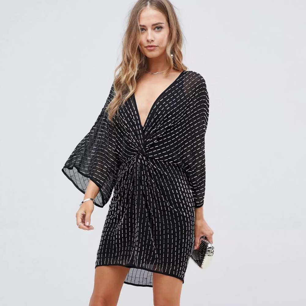 ASOS DESIGN mini kimono dress with starburst beading